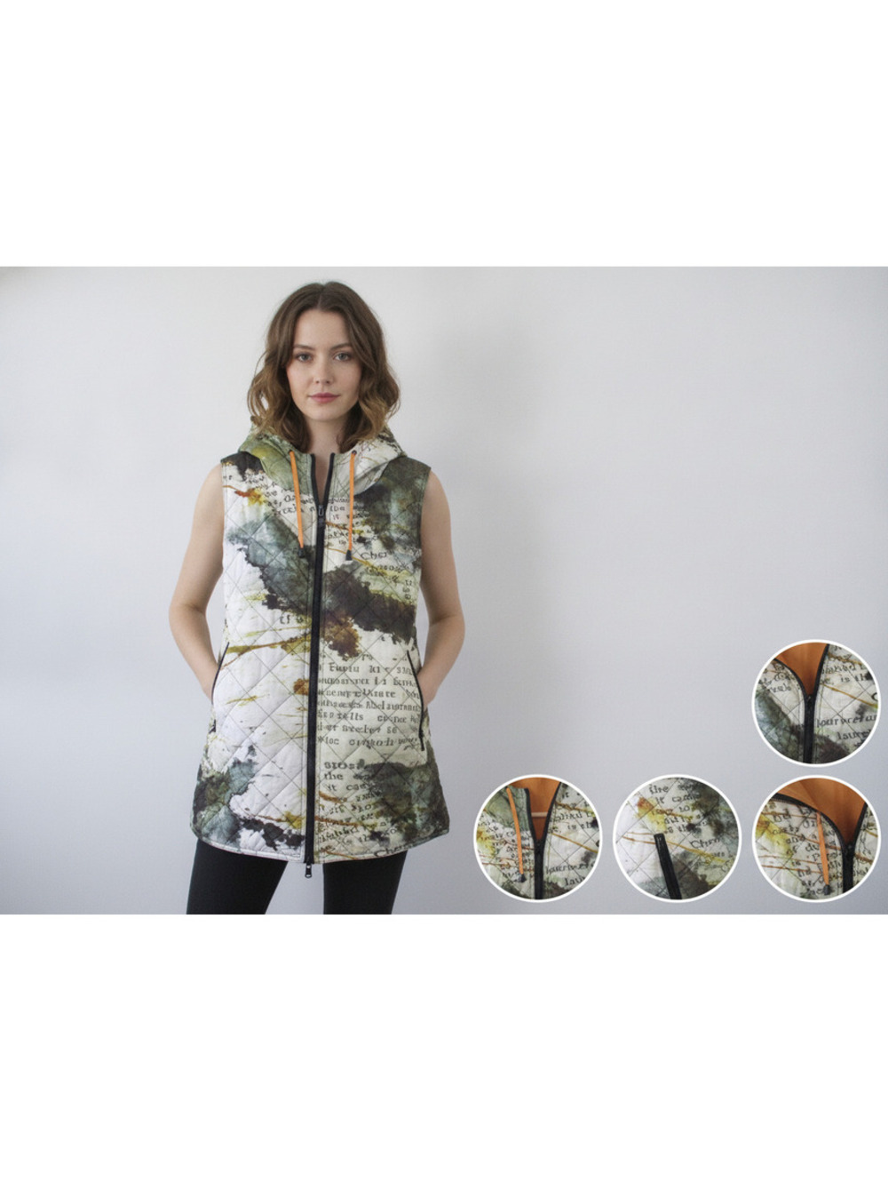 Reversible Quilted Hooded Puffer Vest Abstract Camo Collage Mustard Yellow XL